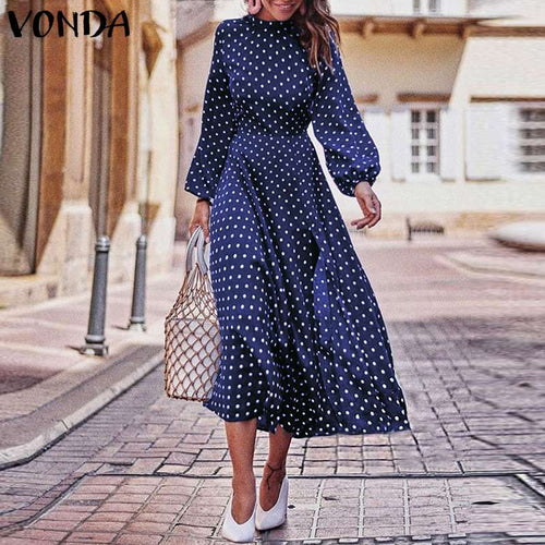 VONDA Bohemian Dresses 2019 Autumn Women Long Sleeve  Vintage Polka Dot O-Neck Dress Casual Loose Midi Dress Plus Size Sundress