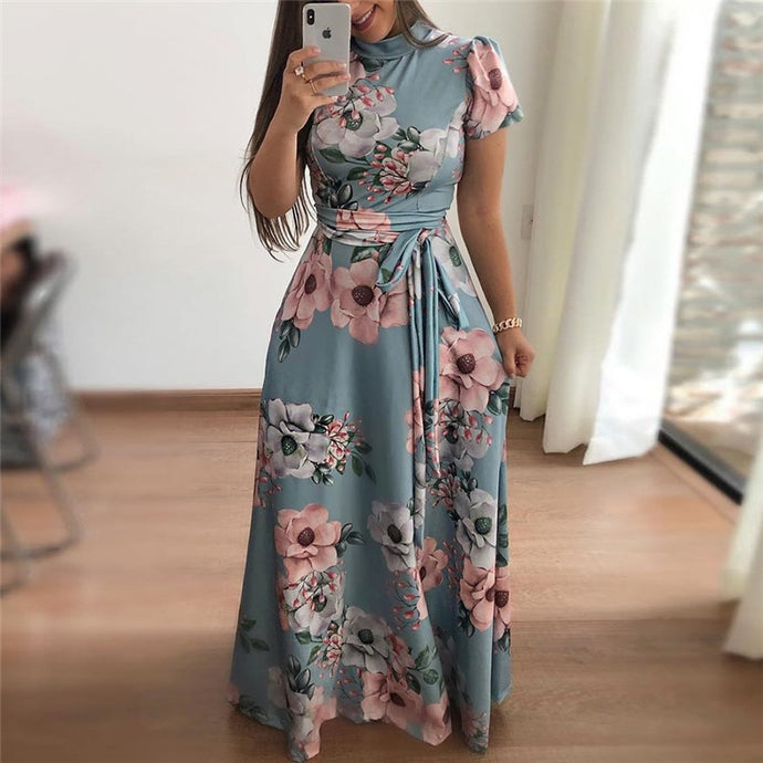 Women Long Maxi Dress Summer Floral Print Bohemian Beach Dress Casual Short Sleeve Bandage Party Dress Plus Size Vestidos