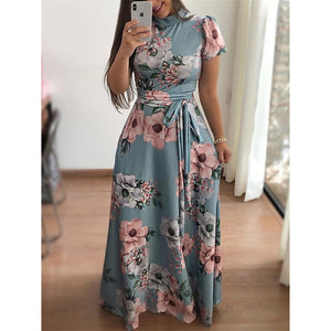 Women Long Maxi Dress Summer Floral Print Bohemian Beach Dress Casual Short Sleeve Bandage Party Dress Plus Size Vestidos