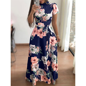 Women Long Maxi Dress Summer Floral Print Bohemian Beach Dress Casual Short Sleeve Bandage Party Dress Plus Size Vestidos