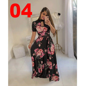 Women Long Maxi Dress Summer Floral Print Bohemian Beach Dress Casual Short Sleeve Bandage Party Dress Plus Size Vestidos