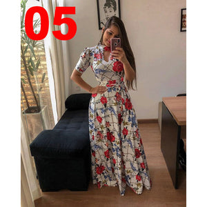 Women Long Maxi Dress Summer Floral Print Bohemian Beach Dress Casual Short Sleeve Bandage Party Dress Plus Size Vestidos