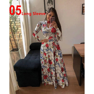 Women Long Maxi Dress Summer Floral Print Bohemian Beach Dress Casual Short Sleeve Bandage Party Dress Plus Size Vestidos