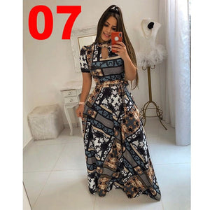 Women Long Maxi Dress Summer Floral Print Bohemian Beach Dress Casual Short Sleeve Bandage Party Dress Plus Size Vestidos