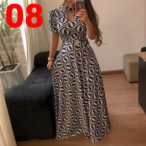 Women Long Maxi Dress Summer Floral Print Bohemian Beach Dress Casual Short Sleeve Bandage Party Dress Plus Size Vestidos