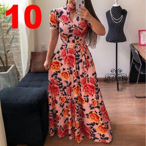 Women Long Maxi Dress Summer Floral Print Bohemian Beach Dress Casual Short Sleeve Bandage Party Dress Plus Size Vestidos