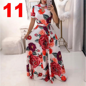 Women Long Maxi Dress Summer Floral Print Bohemian Beach Dress Casual Short Sleeve Bandage Party Dress Plus Size Vestidos