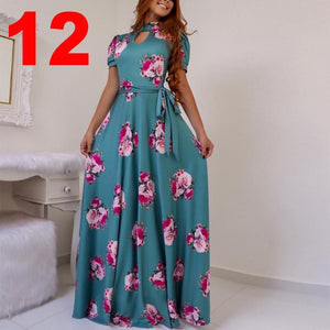 Women Long Maxi Dress Summer Floral Print Bohemian Beach Dress Casual Short Sleeve Bandage Party Dress Plus Size Vestidos