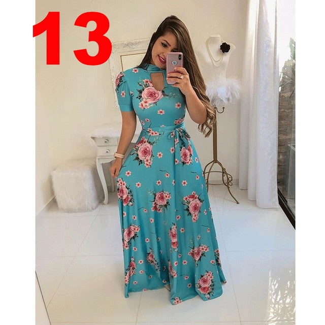 Women Long Maxi Dress Summer Floral Print Bohemian Beach Dress Casual Short Sleeve Bandage Party Dress Plus Size Vestidos