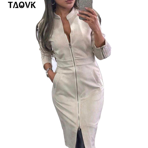 TAOVK High Street Suede Dress Women Long Sleeve Bodycon Zippers Dress Vintage Stand Collar Office Lady Dresses