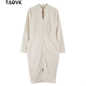 TAOVK High Street Suede Dress Women Long Sleeve Bodycon Zippers Dress Vintage Stand Collar Office Lady Dresses