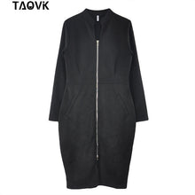 Load image into Gallery viewer, TAOVK High Street Suede Dress Women Long Sleeve Bodycon Zippers Dress Vintage Stand Collar Office Lady Dresses