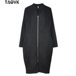 TAOVK High Street Suede Dress Women Long Sleeve Bodycon Zippers Dress Vintage Stand Collar Office Lady Dresses