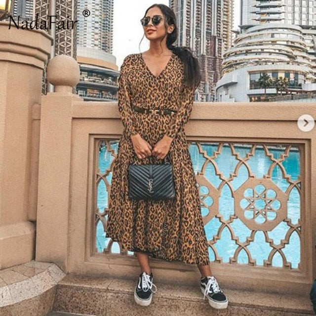 Nadafair Women Leopard Dress 2019 Long Sleeve Autumn Winter Party Elegant Dress Animal Print Vintage Midi Dress Women Vestidos