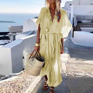 Lipswag 2019 Bohemian Short Sleeve Women Maxi Dress Summer Sexy V Neck Beach Dresses Vestidos Solid Casual Loose Party Sundress