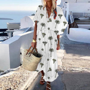 Lipswag 2019 Bohemian Short Sleeve Women Maxi Dress Summer Sexy V Neck Beach Dresses Vestidos Solid Casual Loose Party Sundress