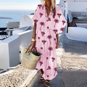 Lipswag 2019 Bohemian Short Sleeve Women Maxi Dress Summer Sexy V Neck Beach Dresses Vestidos Solid Casual Loose Party Sundress