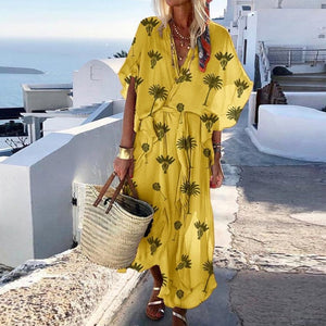 Lipswag 2019 Bohemian Short Sleeve Women Maxi Dress Summer Sexy V Neck Beach Dresses Vestidos Solid Casual Loose Party Sundress