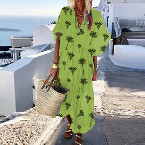 Lipswag 2019 Bohemian Short Sleeve Women Maxi Dress Summer Sexy V Neck Beach Dresses Vestidos Solid Casual Loose Party Sundress