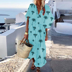 Lipswag 2019 Bohemian Short Sleeve Women Maxi Dress Summer Sexy V Neck Beach Dresses Vestidos Solid Casual Loose Party Sundress