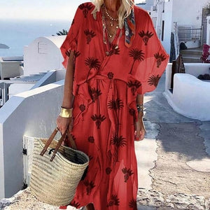 Lipswag 2019 Bohemian Short Sleeve Women Maxi Dress Summer Sexy V Neck Beach Dresses Vestidos Solid Casual Loose Party Sundress