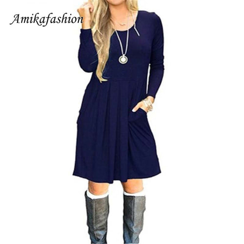 2019 Autumn Aline Dress Women Winter Dress Casual Red Navy Loose Party Dress Women Round Neck Long Sleeve Dress Ladies New YXBD0