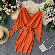 Load image into Gallery viewer, YuooMuoo Autumn Winter Women Knitted Sweater Dress 2019 New Korean Long Batwing Sleeve V Neck Elegant Dress Ladies Bandage Dress