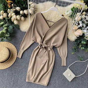 YuooMuoo Autumn Winter Women Knitted Sweater Dress 2019 New Korean Long Batwing Sleeve V Neck Elegant Dress Ladies Bandage Dress