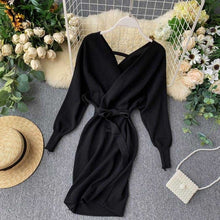 Load image into Gallery viewer, YuooMuoo Autumn Winter Women Knitted Sweater Dress 2019 New Korean Long Batwing Sleeve V Neck Elegant Dress Ladies Bandage Dress