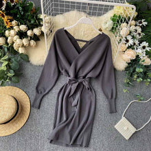 Load image into Gallery viewer, YuooMuoo Autumn Winter Women Knitted Sweater Dress 2019 New Korean Long Batwing Sleeve V Neck Elegant Dress Ladies Bandage Dress