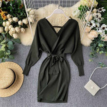 Load image into Gallery viewer, YuooMuoo Autumn Winter Women Knitted Sweater Dress 2019 New Korean Long Batwing Sleeve V Neck Elegant Dress Ladies Bandage Dress