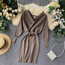 Load image into Gallery viewer, YuooMuoo Autumn Winter Women Knitted Sweater Dress 2019 New Korean Long Batwing Sleeve V Neck Elegant Dress Ladies Bandage Dress