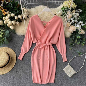 YuooMuoo Autumn Winter Women Knitted Sweater Dress 2019 New Korean Long Batwing Sleeve V Neck Elegant Dress Ladies Bandage Dress