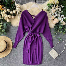 Load image into Gallery viewer, YuooMuoo Autumn Winter Women Knitted Sweater Dress 2019 New Korean Long Batwing Sleeve V Neck Elegant Dress Ladies Bandage Dress