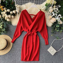 Load image into Gallery viewer, YuooMuoo Autumn Winter Women Knitted Sweater Dress 2019 New Korean Long Batwing Sleeve V Neck Elegant Dress Ladies Bandage Dress