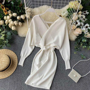 YuooMuoo Autumn Winter Women Knitted Sweater Dress 2019 New Korean Long Batwing Sleeve V Neck Elegant Dress Ladies Bandage Dress