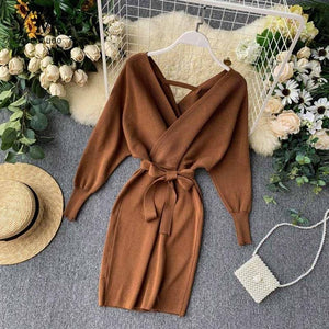 YuooMuoo Autumn Winter Women Knitted Sweater Dress 2019 New Korean Long Batwing Sleeve V Neck Elegant Dress Ladies Bandage Dress