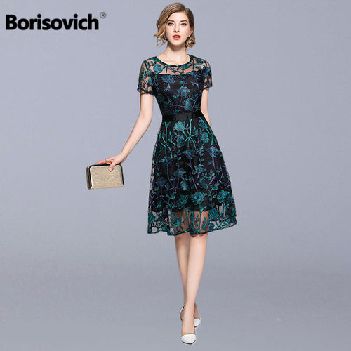 Borisovich Women Casual Dress New 2018 Summer Fashion Vintage Floral Embroidery Knee-length A-line Elegant Female Dresses M700