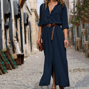 Women Sexy Long Shirt Dress Office Lady Casual Work Elegant Dresses Turn Down Collar Long Sleeve Side Split Blouse Maxi Dress