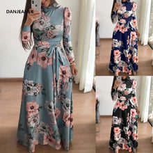 Load image into Gallery viewer, Danjeaner New Style Women Long Sleeve Flower Printed Long Dress Spring Turtleneck Plus Size Maxi Dress with Sashes Elegant