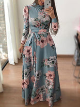 Load image into Gallery viewer, Danjeaner New Style Women Long Sleeve Flower Printed Long Dress Spring Turtleneck Plus Size Maxi Dress with Sashes Elegant