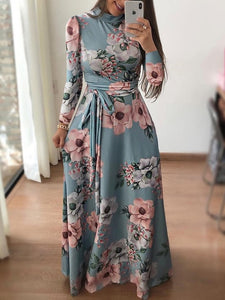 Danjeaner New Style Women Long Sleeve Flower Printed Long Dress Spring Turtleneck Plus Size Maxi Dress with Sashes Elegant