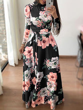 Load image into Gallery viewer, Danjeaner New Style Women Long Sleeve Flower Printed Long Dress Spring Turtleneck Plus Size Maxi Dress with Sashes Elegant